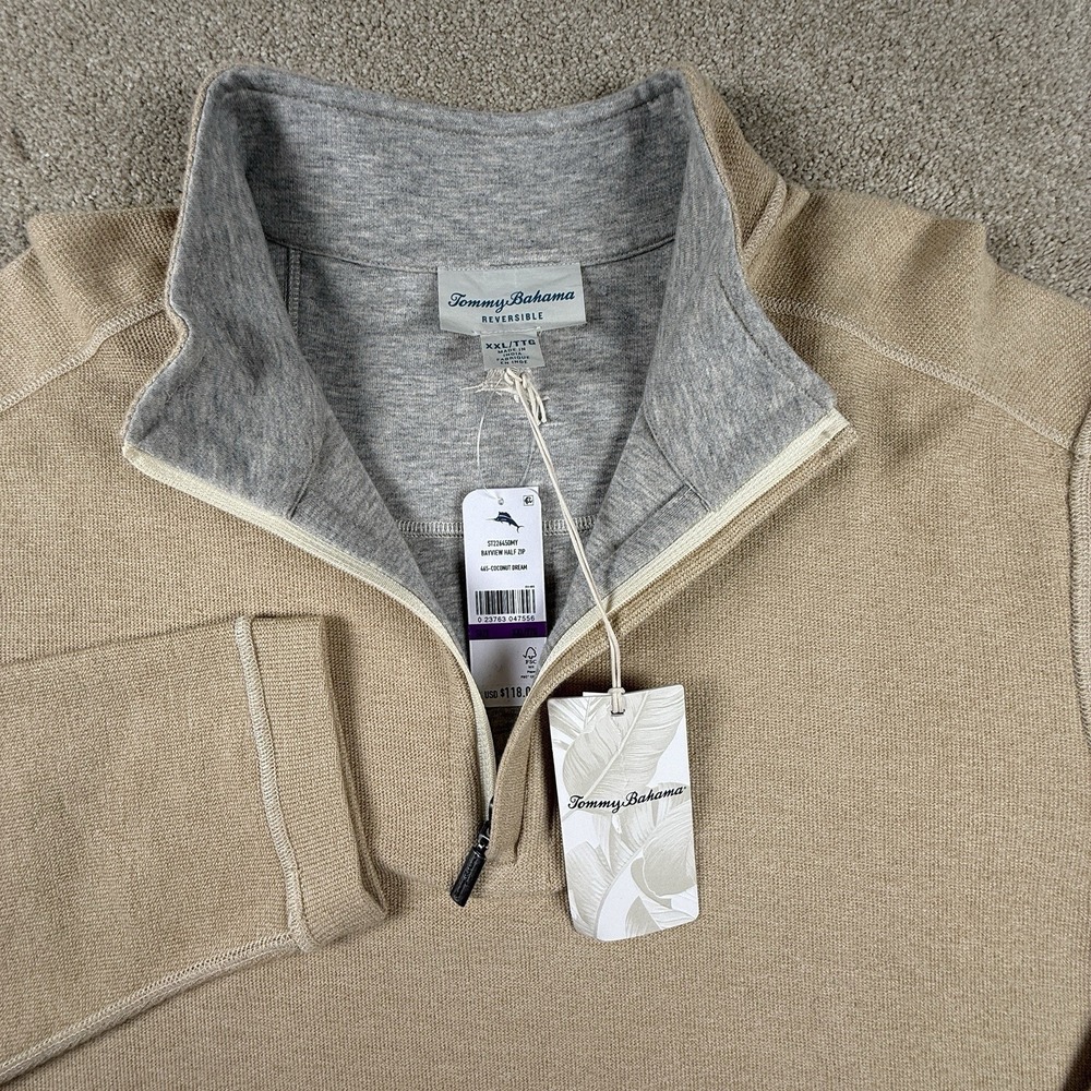 Tommy Bahama Bayview 1/2 Zip Reversible Pullover Sweater Men's‎ XXL Tan